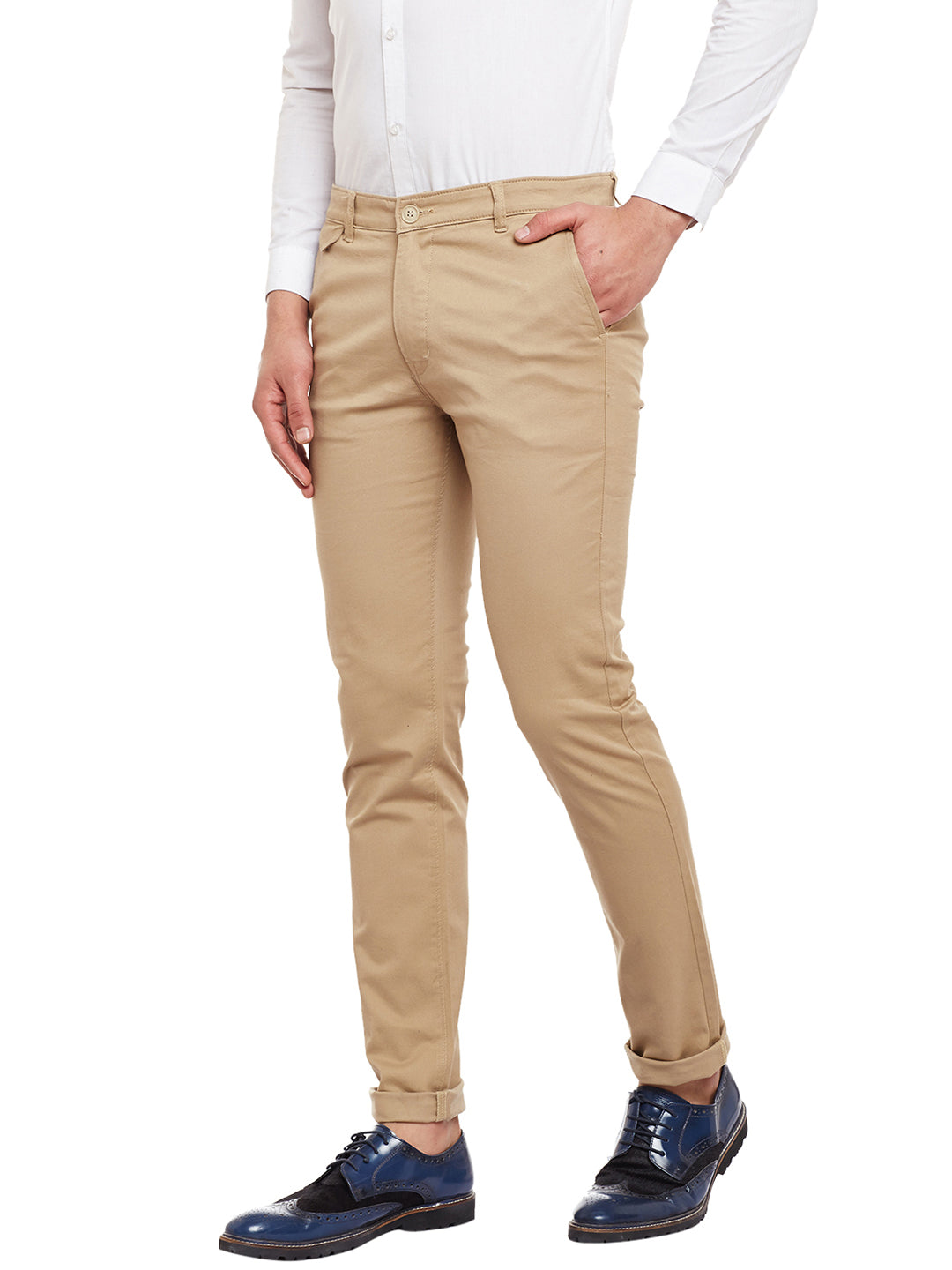 Men Beige Solid  Cotton Stretch Slim Fit Casual Chinos Trouser