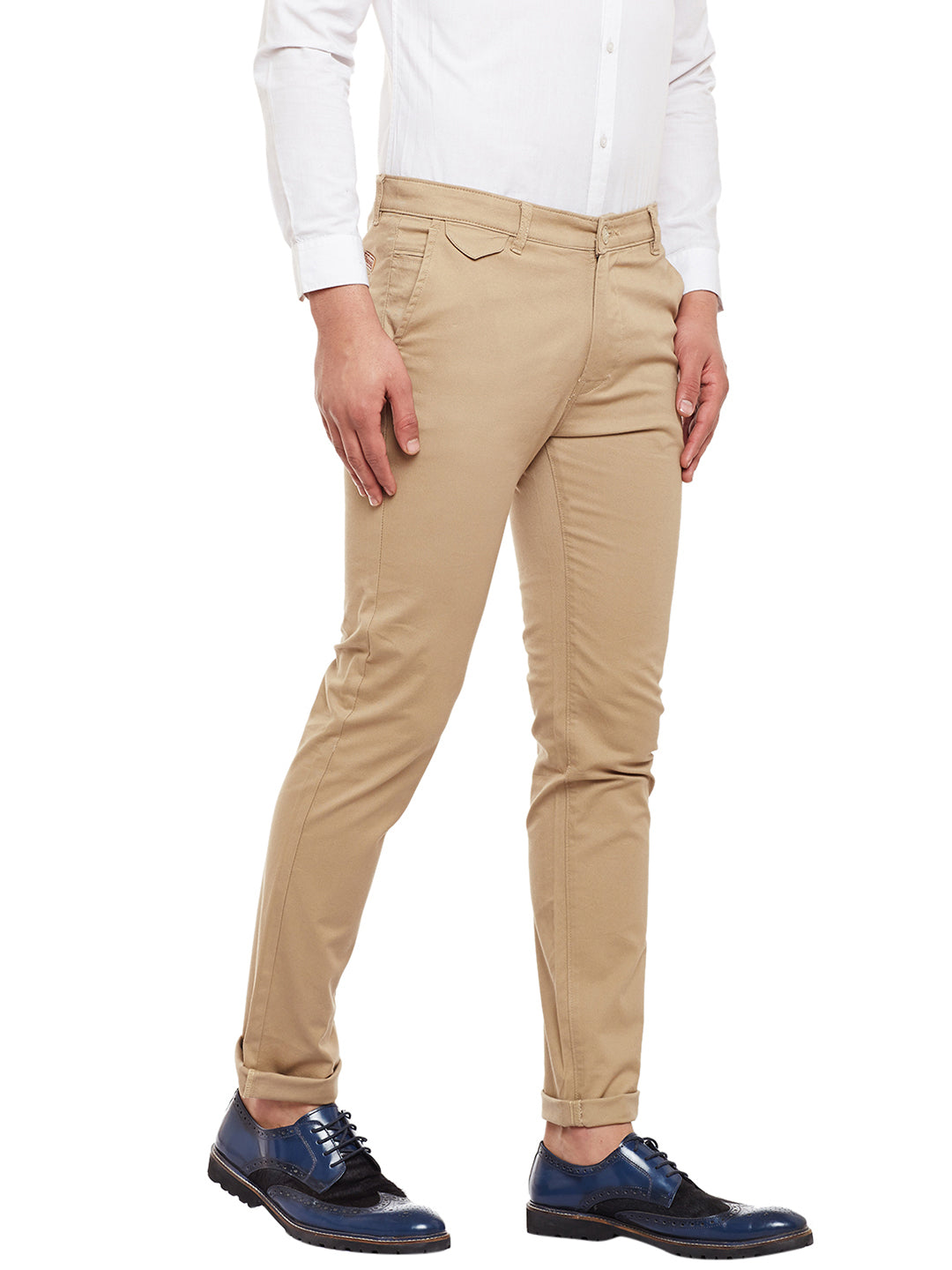 Men Beige Solid  Cotton Stretch Slim Fit Casual Chinos Trouser