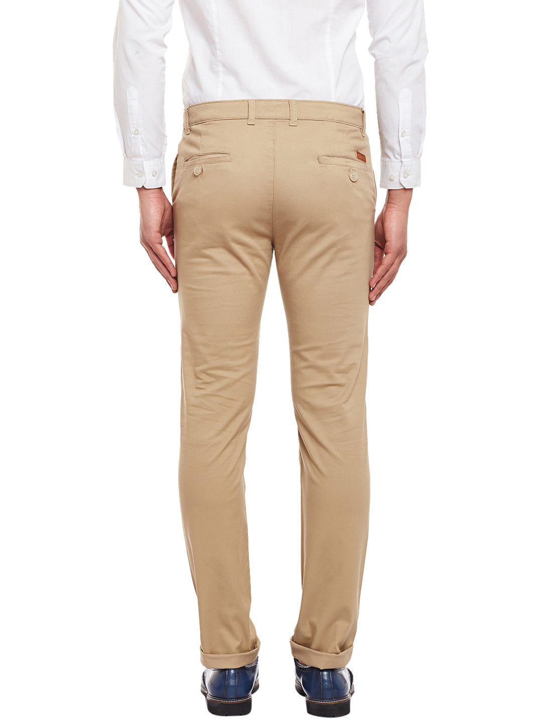 Men Beige Solid  Cotton Stretch Slim Fit Casual Chinos Trouser