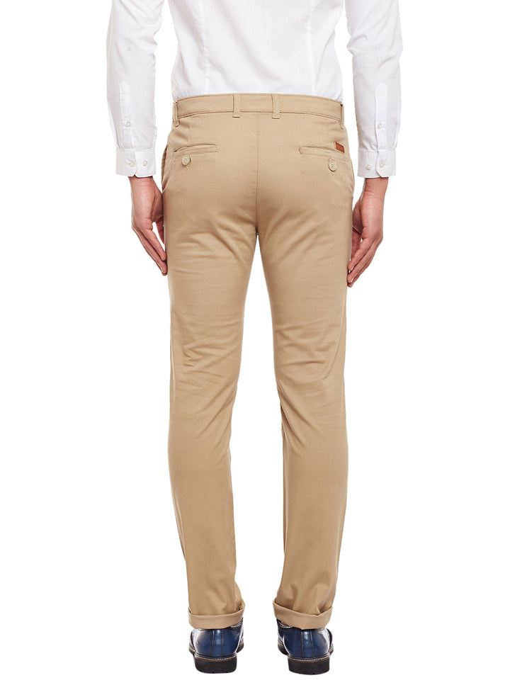 Men Beige Solid  Cotton Stretch Slim Fit Casual Chinos Trouser