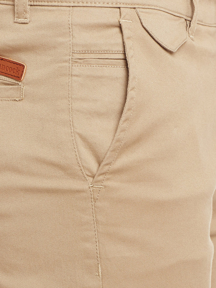 Men Beige Solid  Cotton Stretch Slim Fit Casual Chinos Trouser