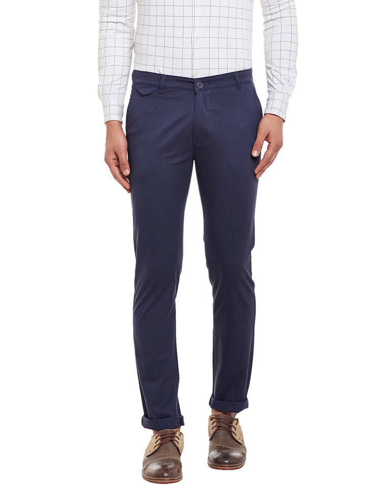 Men Navy Solid  Cotton Stretch Slim Fit Casual Chinos Trouser