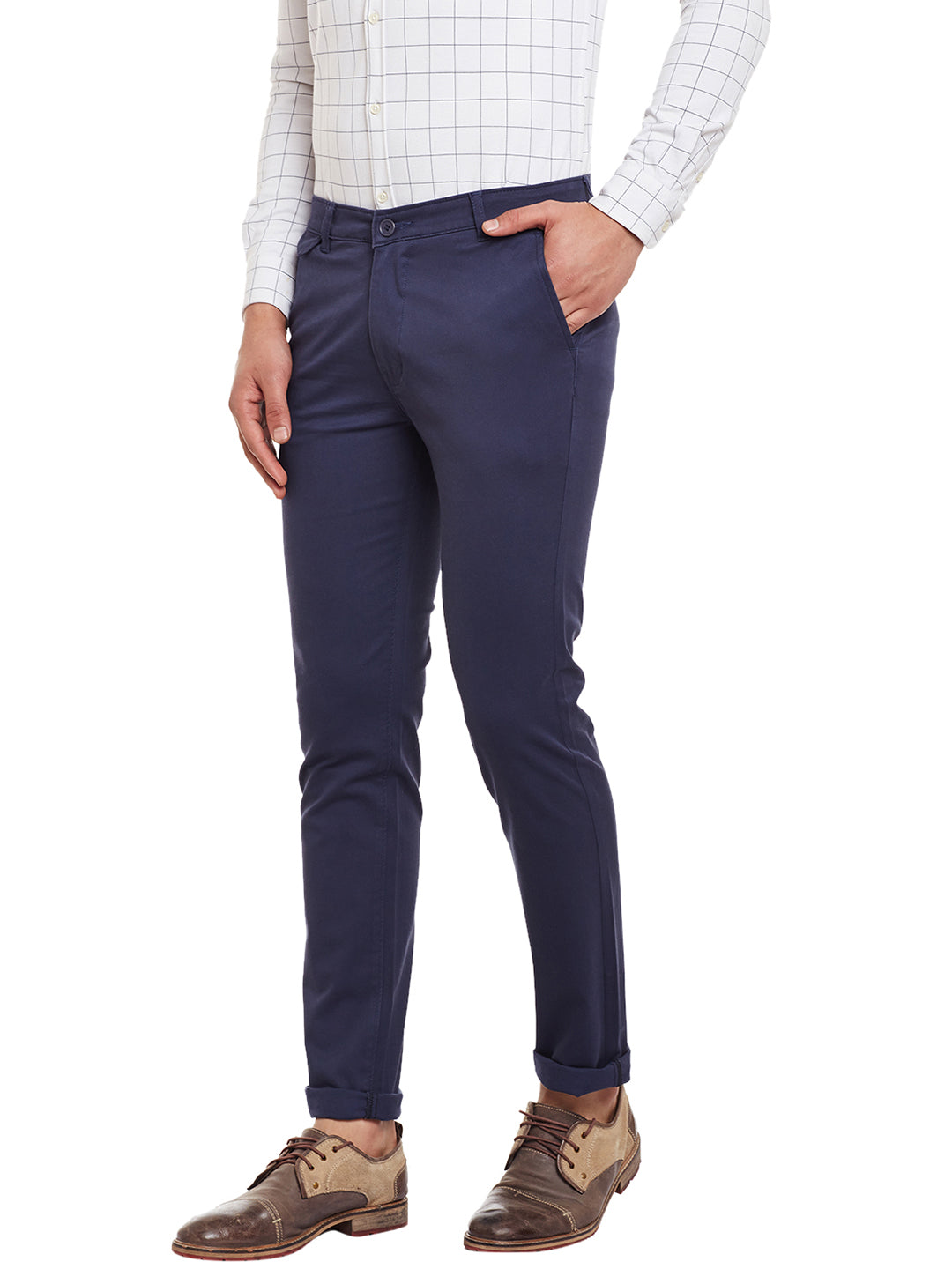 Men Navy Solid  Cotton Stretch Slim Fit Casual Chinos Trouser
