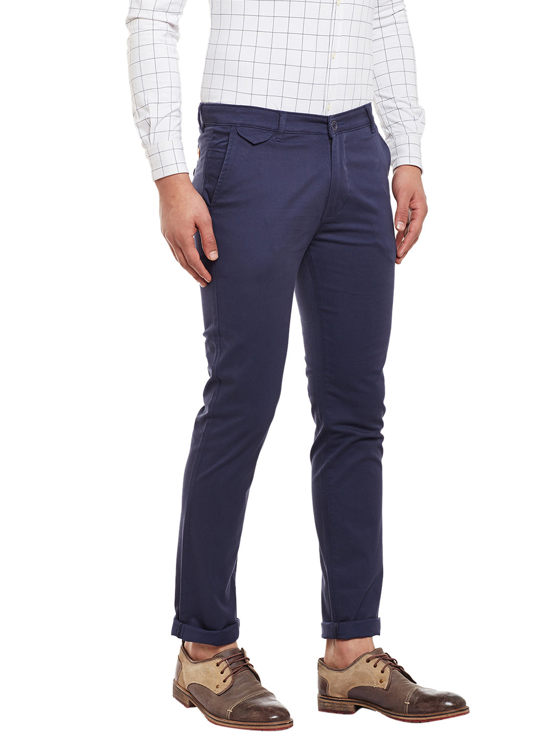 Men Navy Solid  Cotton Stretch Slim Fit Casual Chinos Trouser