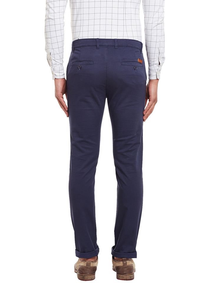 Men Navy Solid  Cotton Stretch Slim Fit Casual Chinos Trouser
