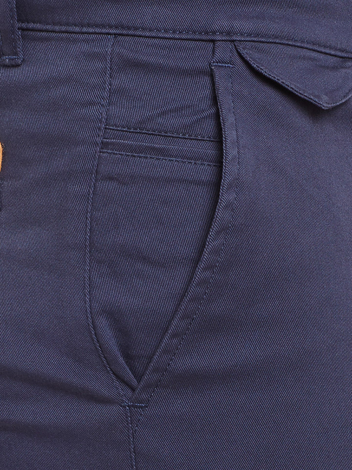 Men Navy Solid  Cotton Stretch Slim Fit Casual Chinos Trouser