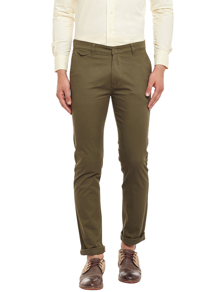 Men Olive Solid  Cotton Stretch Slim Fit Casual Chinos Trouser