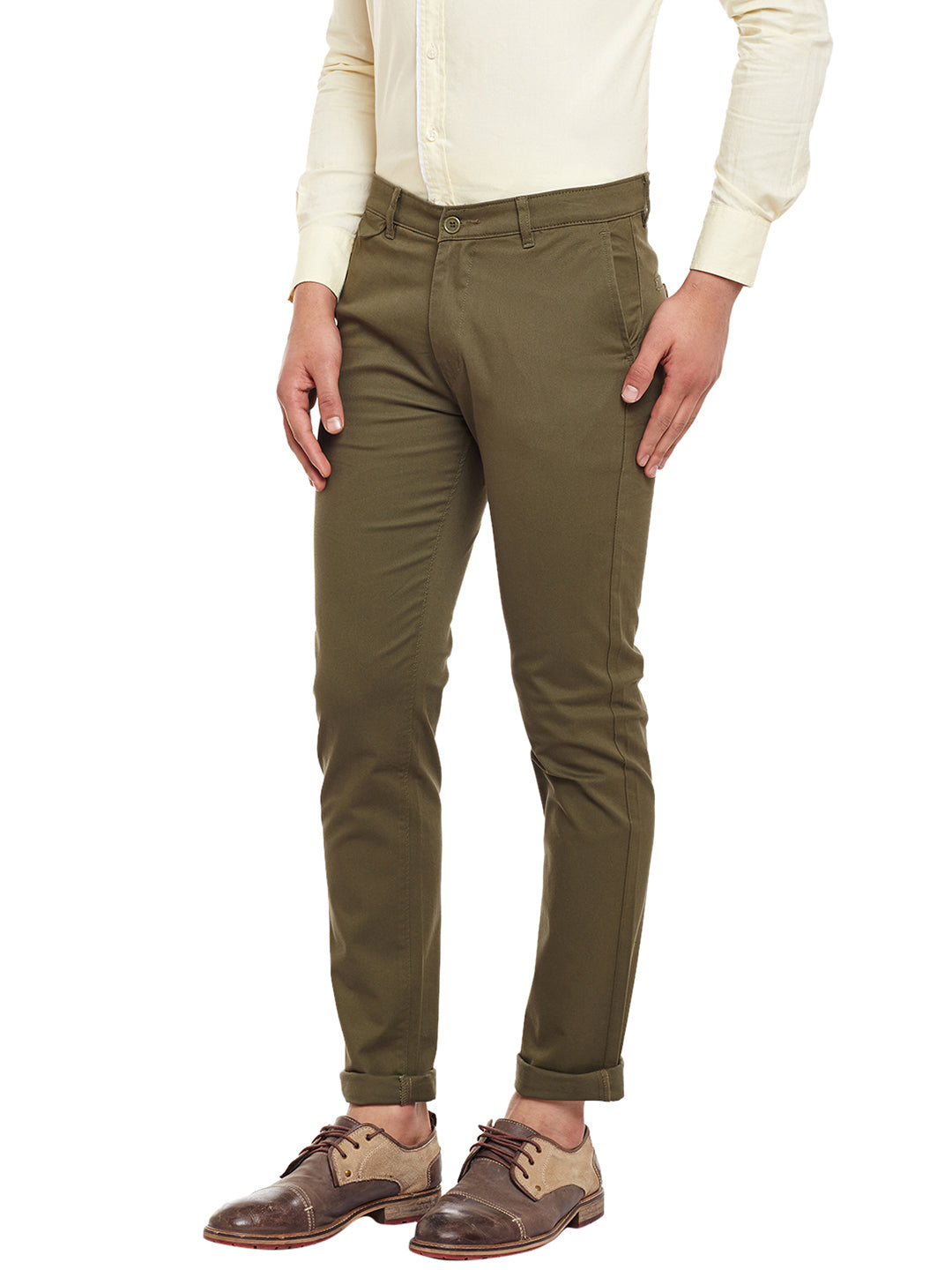 Men Olive Solid  Cotton Stretch Slim Fit Casual Chinos Trouser