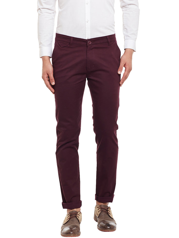 Men Wine Solid  Cotton Stretch Slim Fit Casual Chinos Trouser