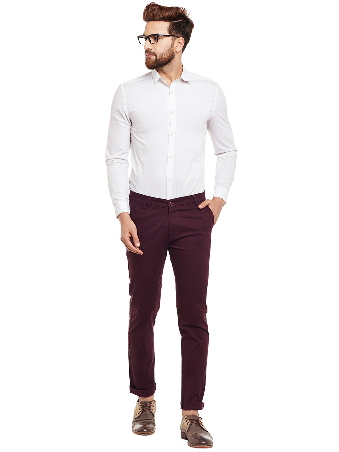 Men Wine Solid  Cotton Stretch Slim Fit Casual Chinos Trouser