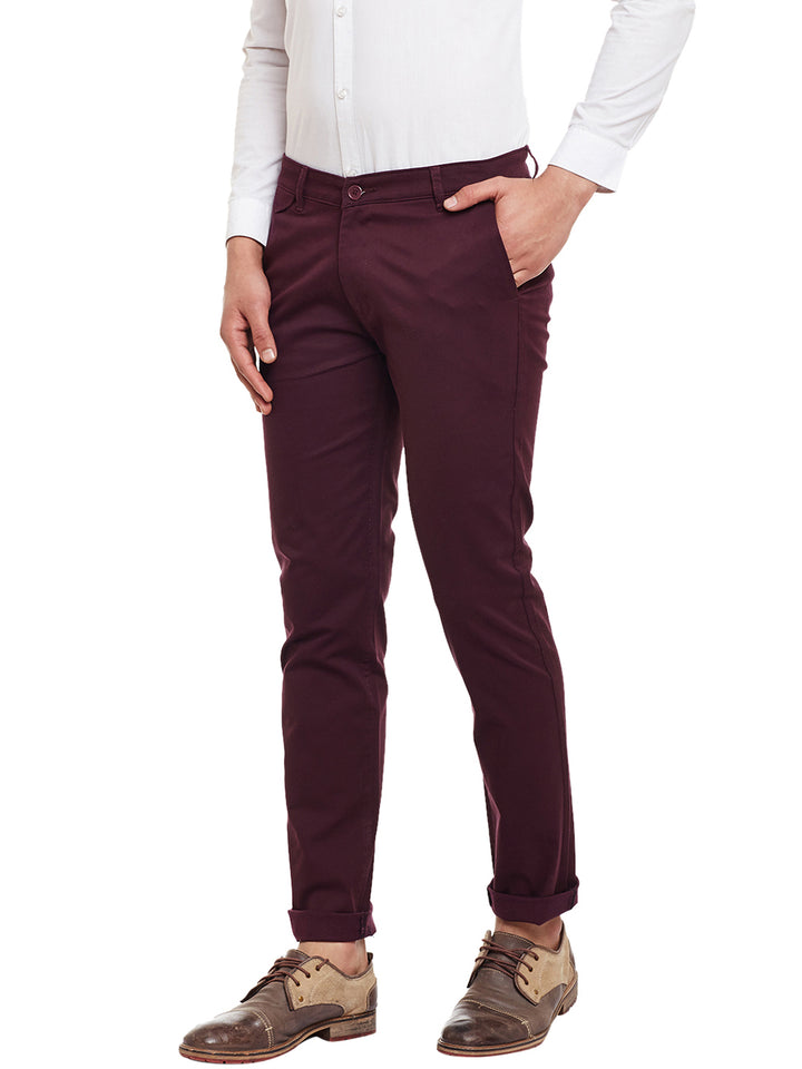 Men Wine Solid  Cotton Stretch Slim Fit Casual Chinos Trouser