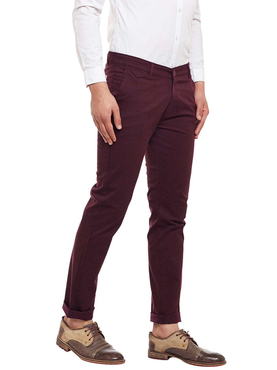 Men Wine Solid  Cotton Stretch Slim Fit Casual Chinos Trouser