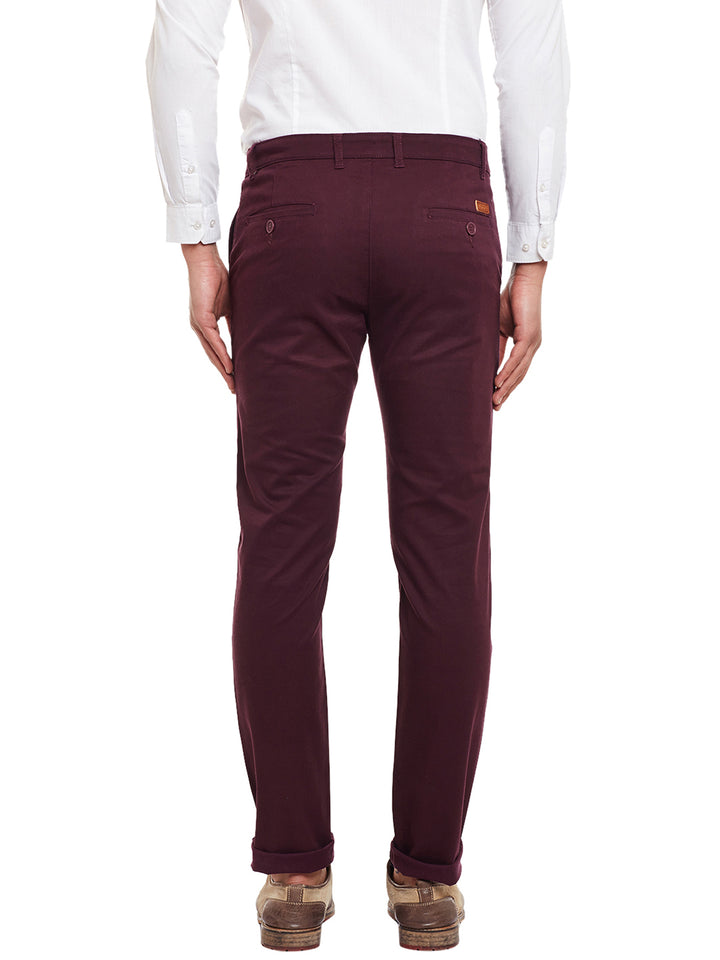 Men Wine Solid  Cotton Stretch Slim Fit Casual Chinos Trouser