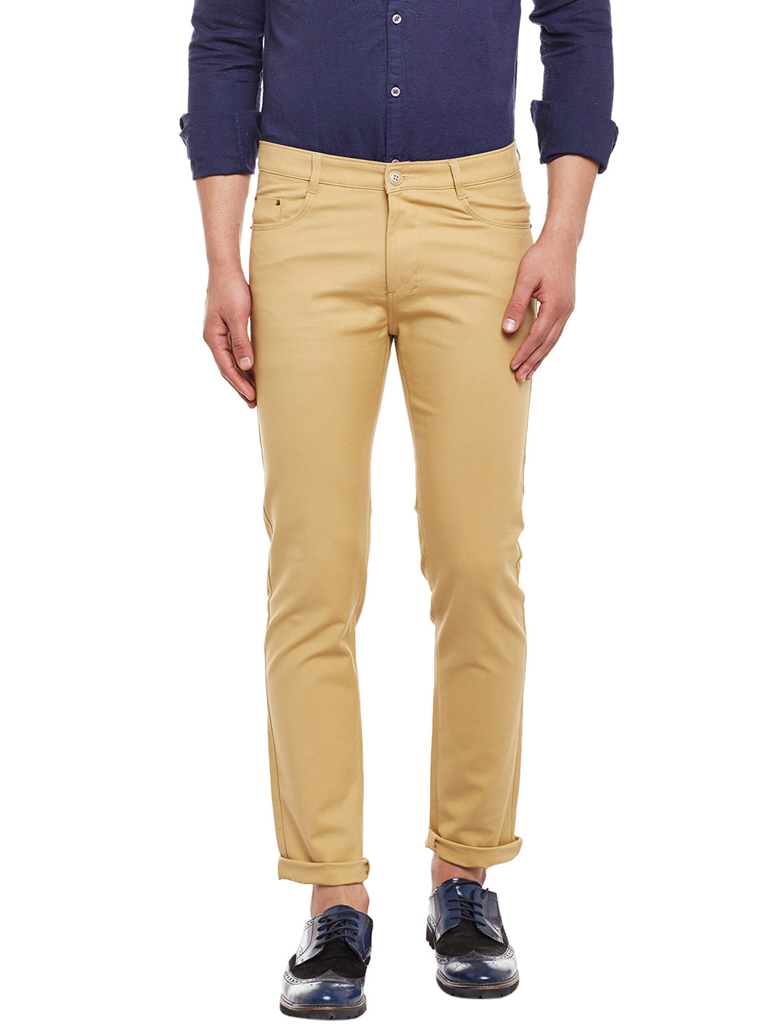 Men Beige Solid  Cotton Stretch Slim Fit Casual Chinos Trouser