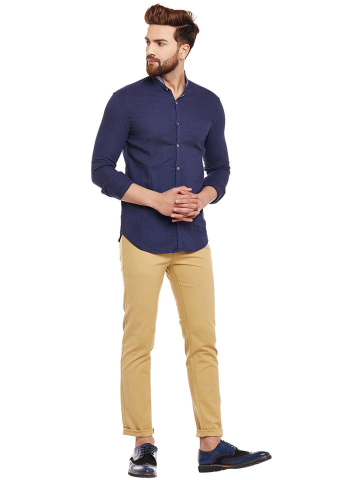 Men Beige Solid  Cotton Stretch Slim Fit Casual Chinos Trouser