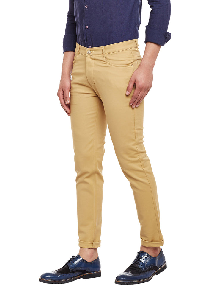 Men Beige Solid  Cotton Stretch Slim Fit Casual Chinos Trouser