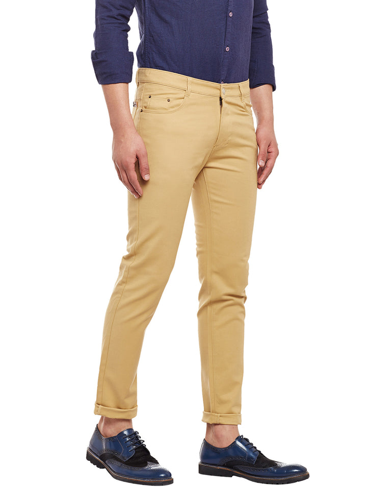 Men Beige Solid  Cotton Stretch Slim Fit Casual Chinos Trouser