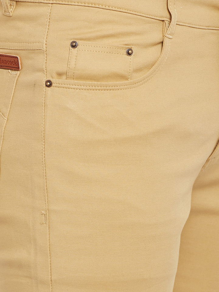 Men Beige Solid  Cotton Stretch Slim Fit Casual Chinos Trouser
