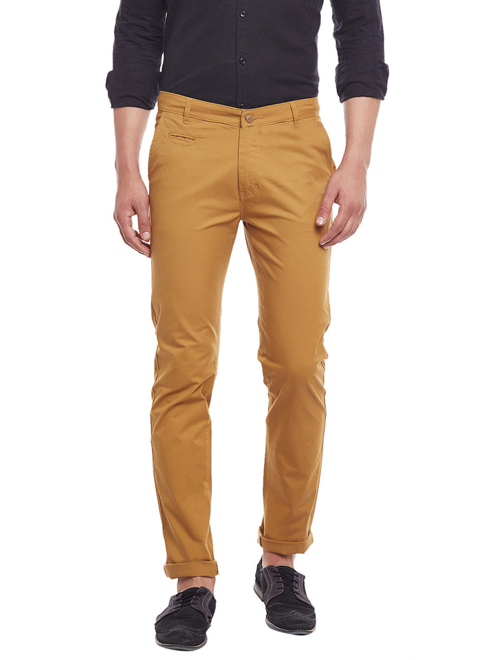 Men Khaki Solid  Cotton Stretch Slim Fit Casual Chinos Trouser
