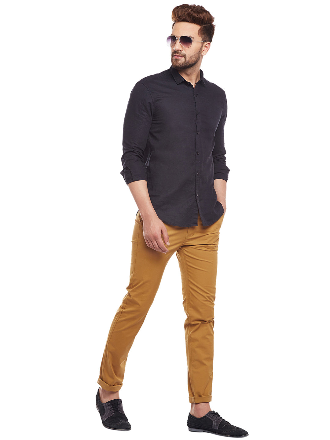 Men Khaki Solid  Cotton Stretch Slim Fit Casual Chinos Trouser