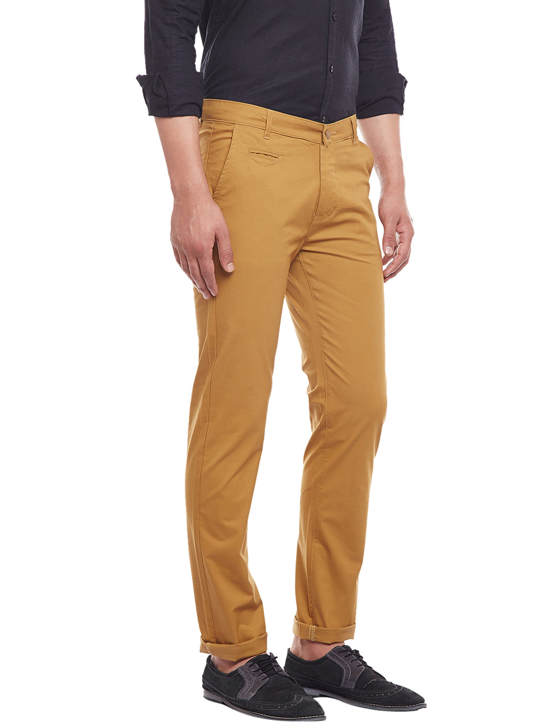 Men Khaki Solid  Cotton Stretch Slim Fit Casual Chinos Trouser