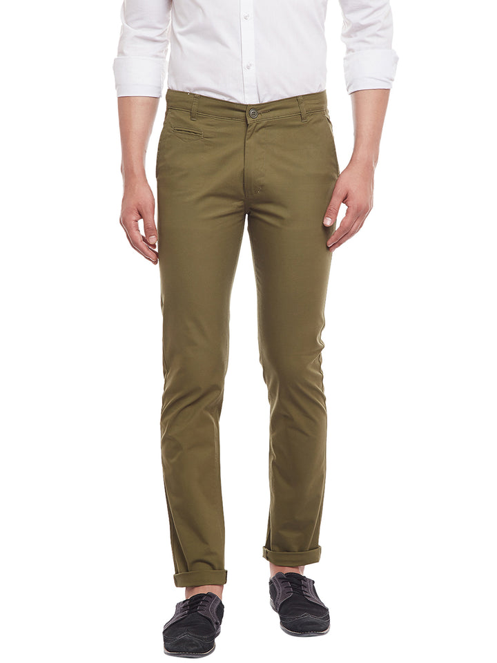 Men Olive Solid  Cotton Stretch Slim Fit Casual Chinos Trouser