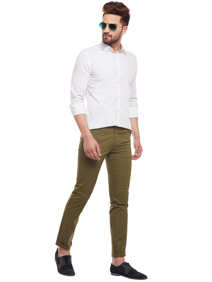 Men Olive Solid  Cotton Stretch Slim Fit Casual Chinos Trouser