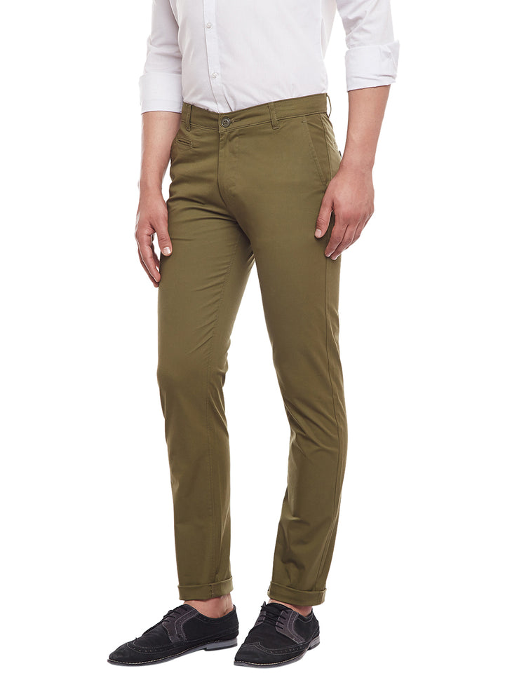 Men Olive Solid  Cotton Stretch Slim Fit Casual Chinos Trouser
