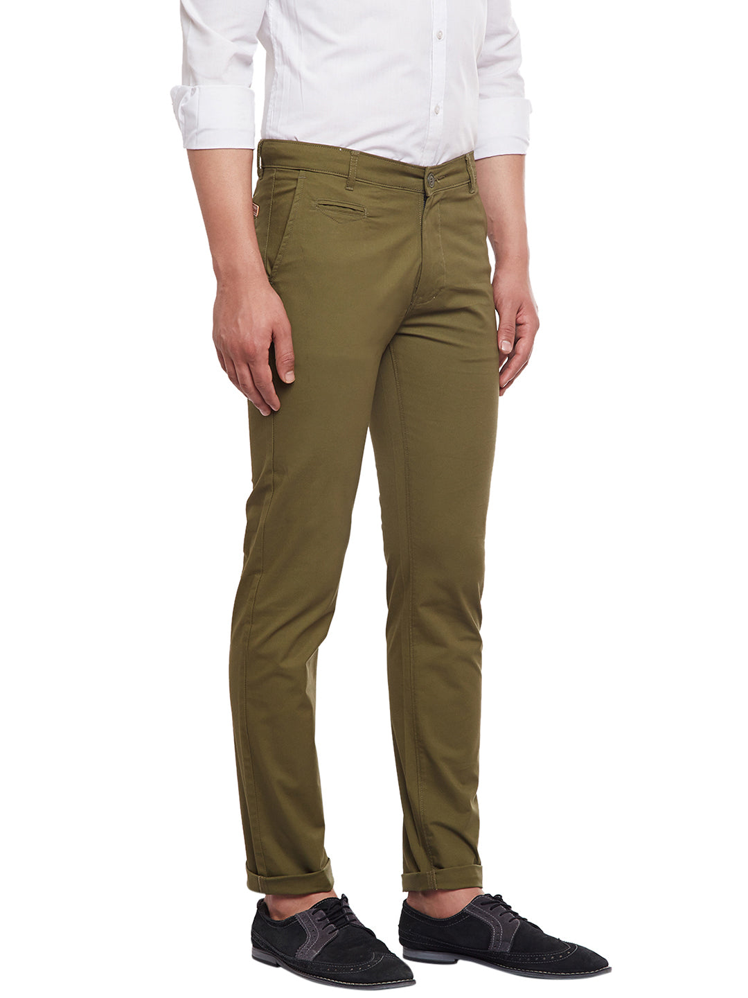 Men Olive Solid  Cotton Stretch Slim Fit Casual Chinos Trouser