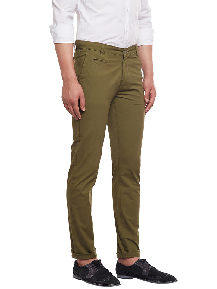 Men Olive Solid  Cotton Stretch Slim Fit Casual Chinos Trouser