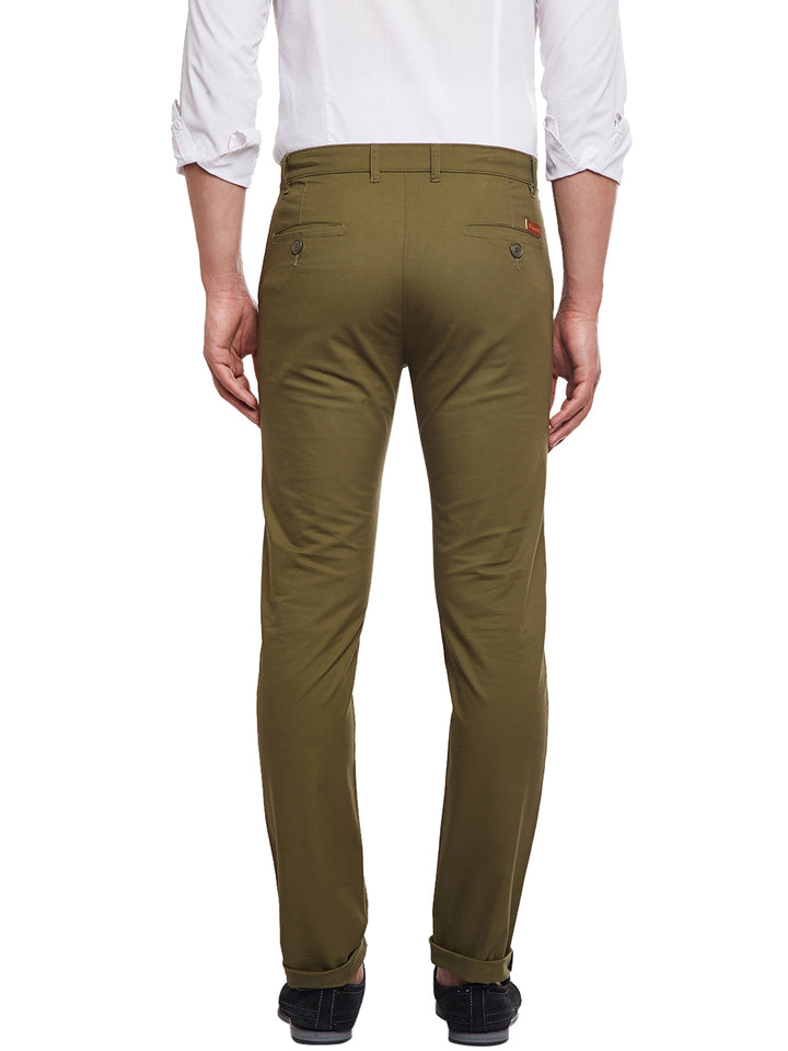 Men Olive Solid  Cotton Stretch Slim Fit Casual Chinos Trouser