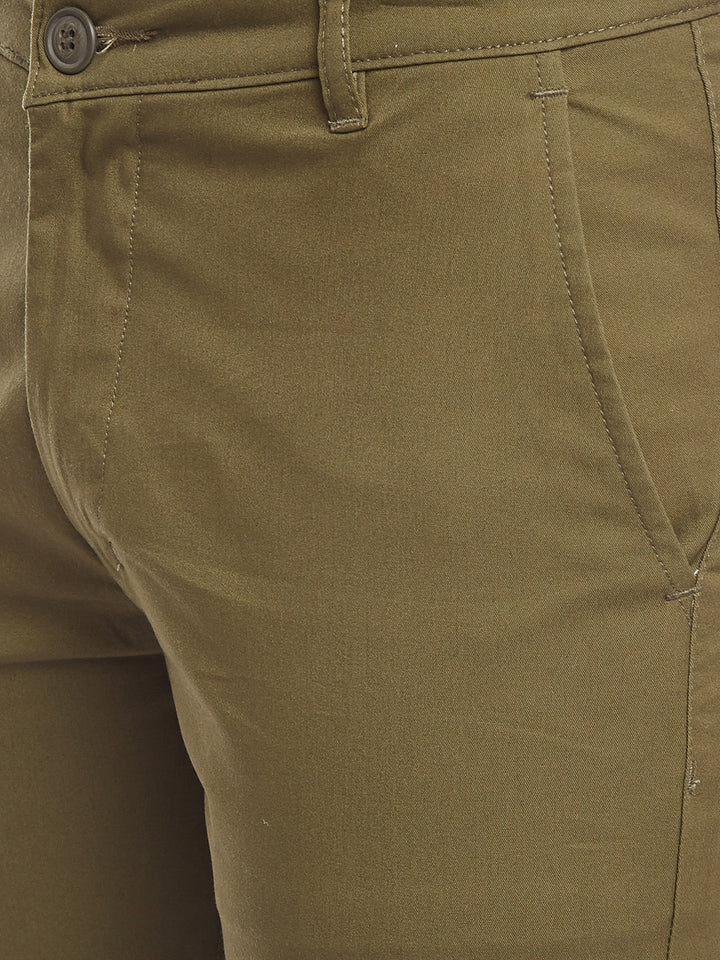 Men Olive Solid  Cotton Stretch Slim Fit Casual Chinos Trouser