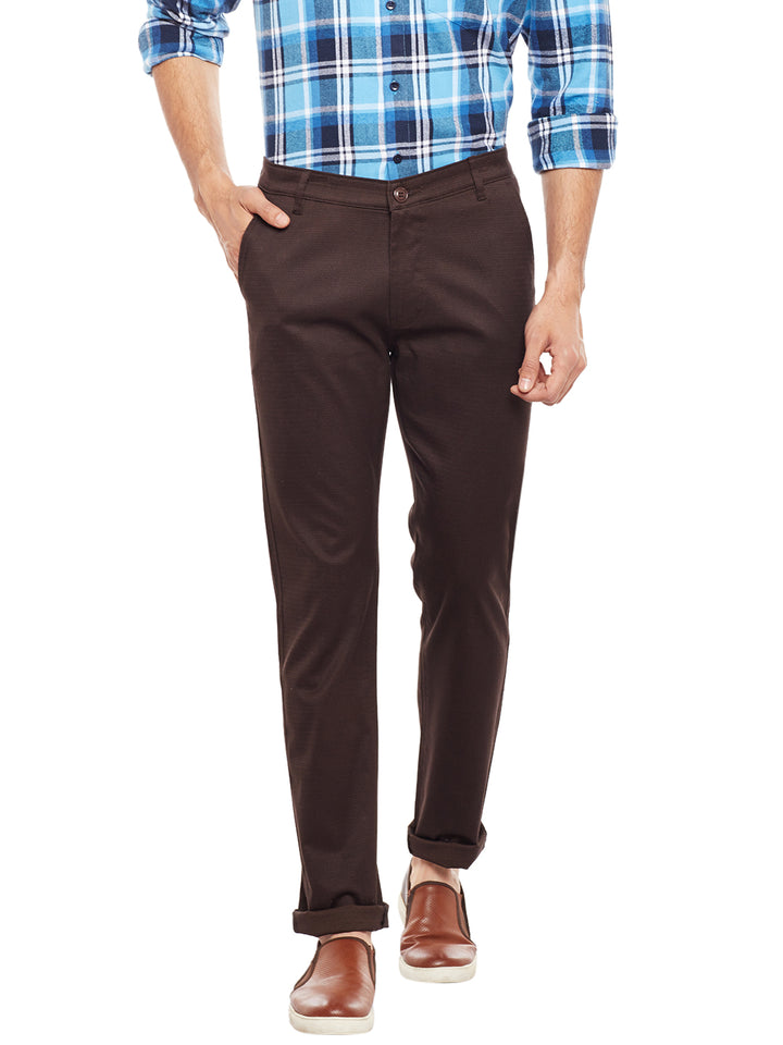 Men Brown Solid  Cotton Stretch Slim Fit Casual Chinos Trouser