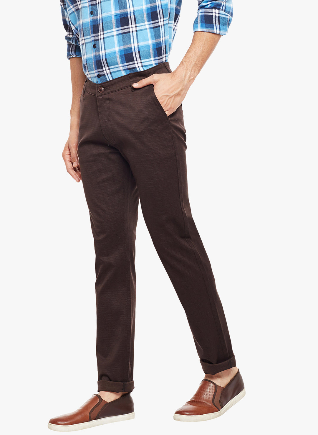 Men Brown Solid  Cotton Stretch Slim Fit Casual Chinos Trouser