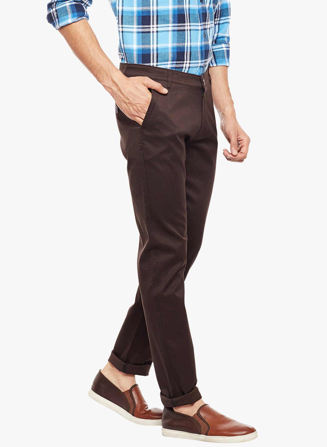 Men Brown Solid  Cotton Stretch Slim Fit Casual Chinos Trouser