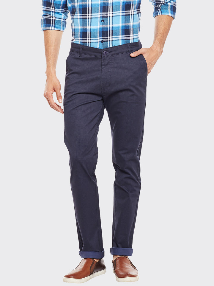 Men Navy Printed  Cotton Stretch Slim Fit Casual Chinos Trouser