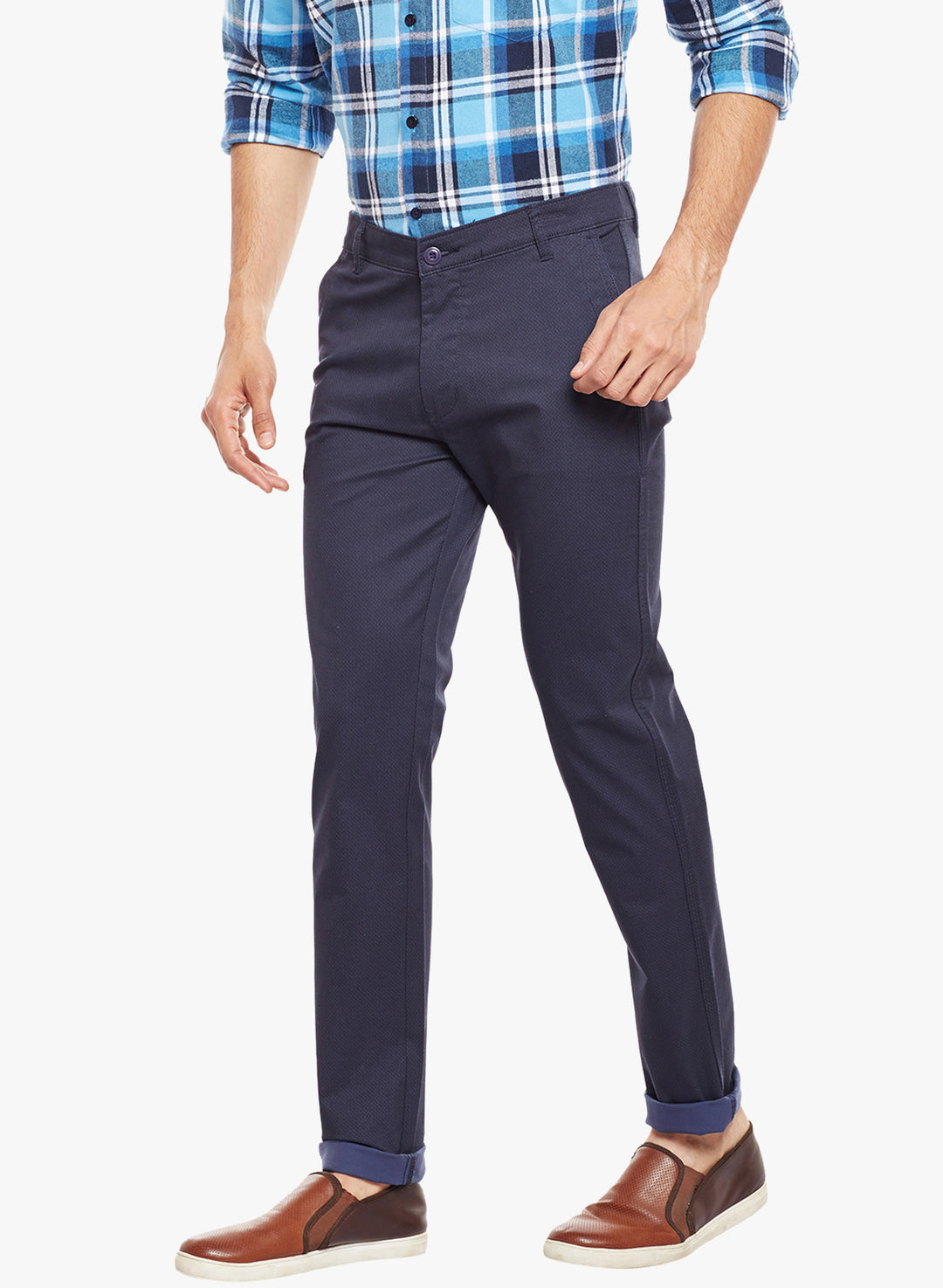 Men Navy Printed  Cotton Stretch Slim Fit Casual Chinos Trouser