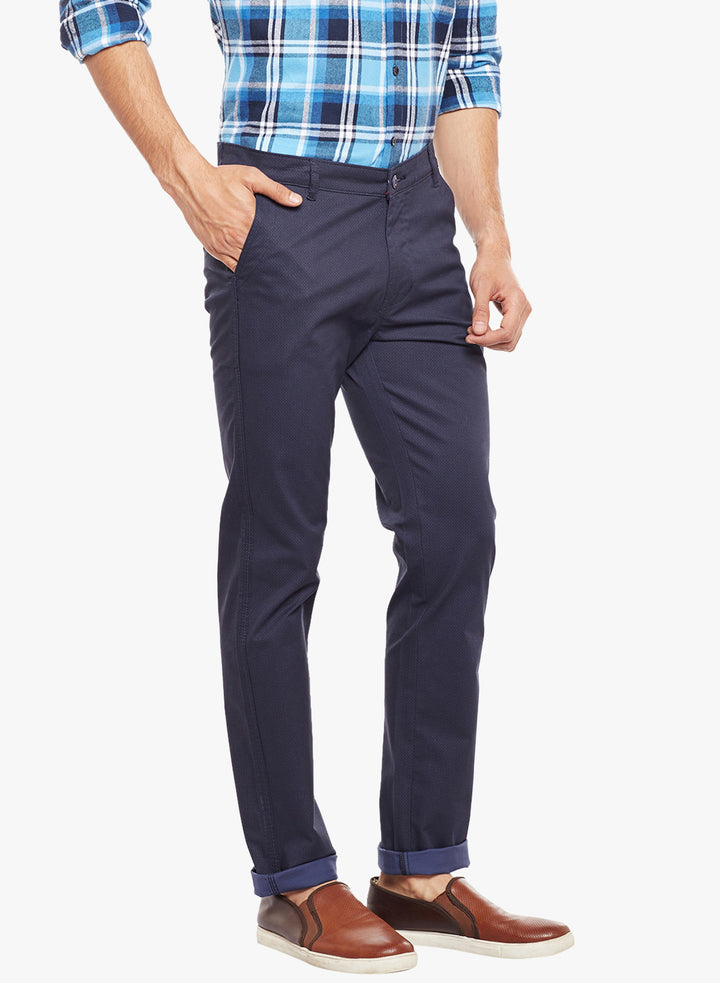 Men Navy Printed  Cotton Stretch Slim Fit Casual Chinos Trouser