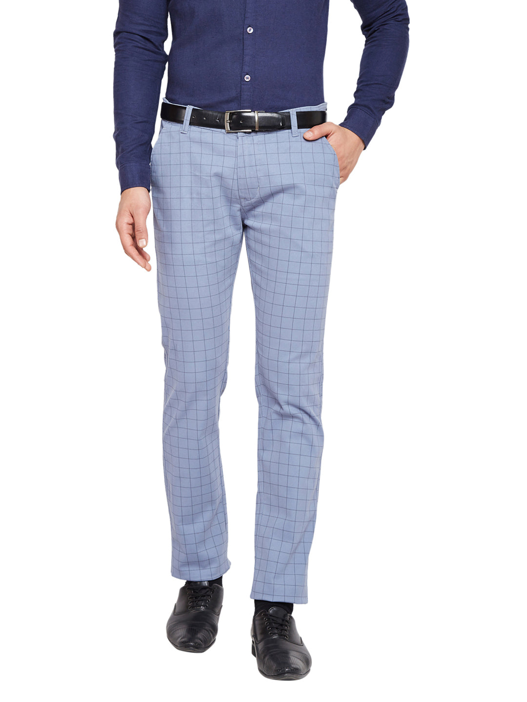 Men Blue & Grey Self Design Checks Stretchable Mid Rise Slim Fit Chinos Trouser