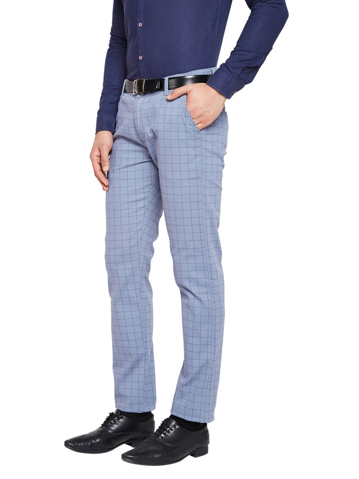 Men Blue & Grey Self Design Checks Stretchable Mid Rise Slim Fit Chinos Trouser