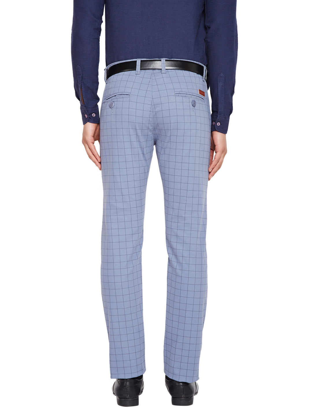 Men Blue & Grey Self Design Checks Stretchable Mid Rise Slim Fit Chinos Trouser
