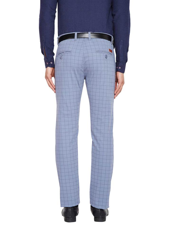 Men Blue & Grey Self Design Checks Stretchable Mid Rise Slim Fit Chinos Trouser