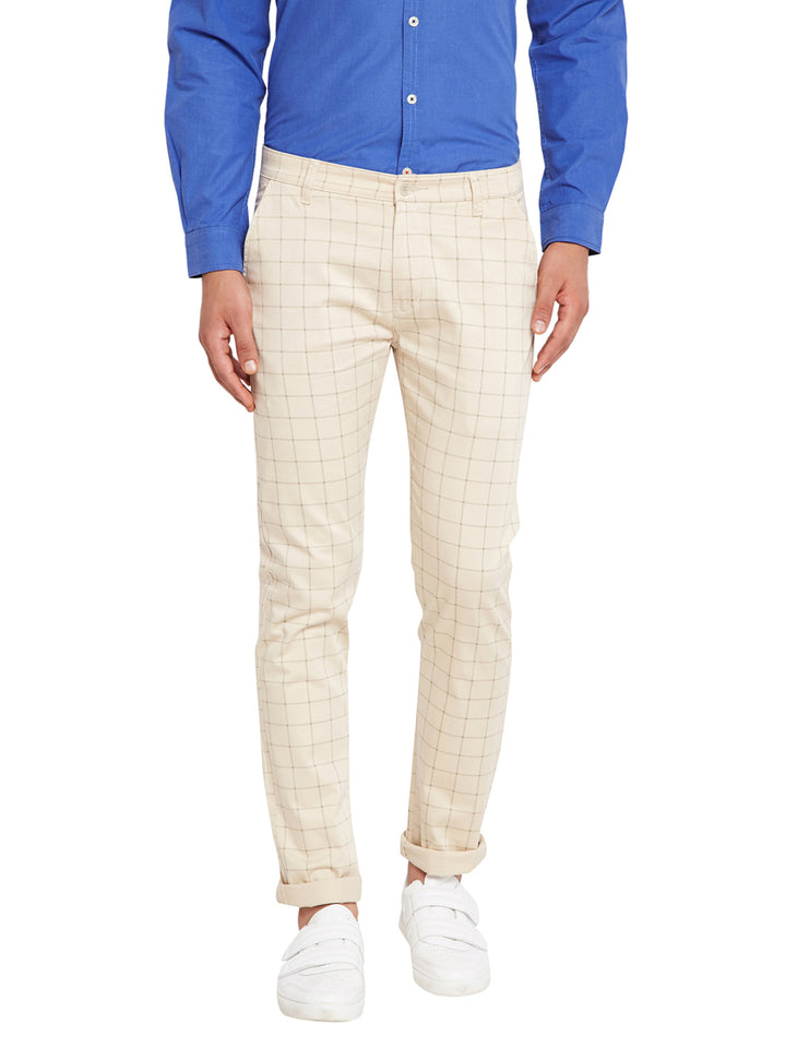 Men Beige Self Design Check Stretchable Mid Rise Slim Fit Chinos Trouser