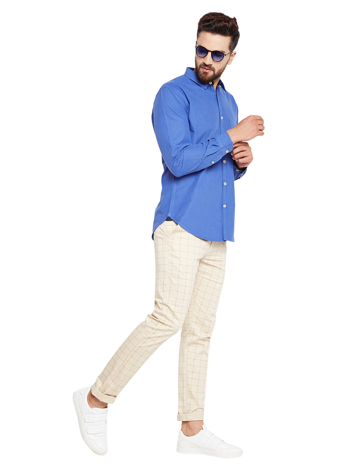 Men Beige Self Design Check Stretchable Mid Rise Slim Fit Chinos Trouser