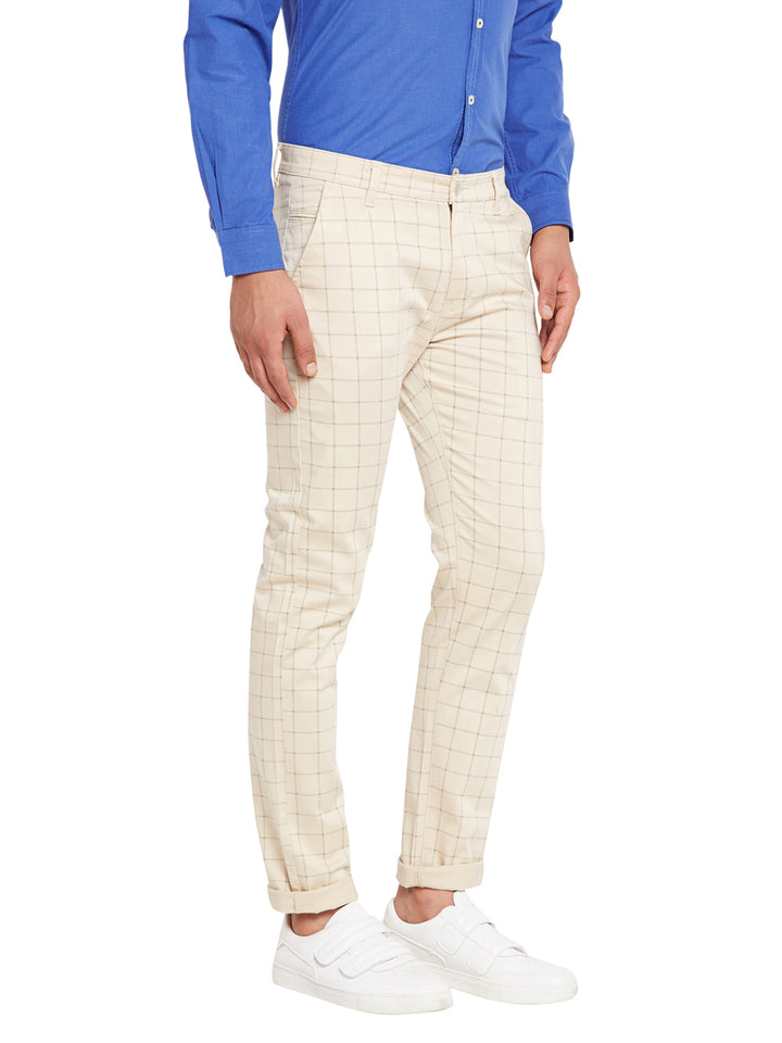 Men Beige Self Design Check Stretchable Mid Rise Slim Fit Chinos Trouser