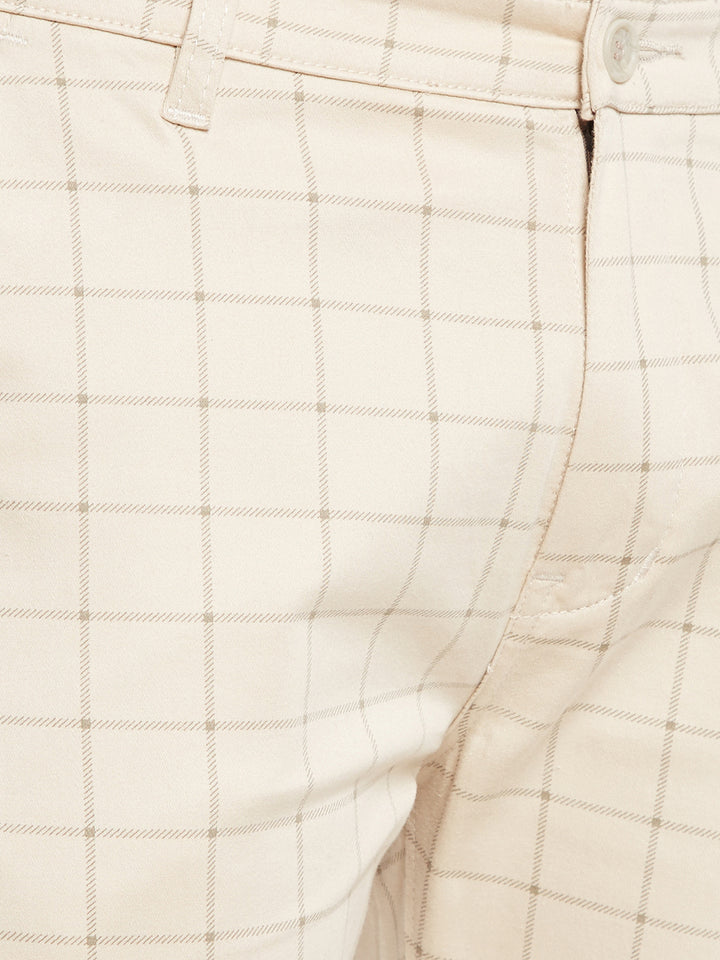 Men Beige Self Design Check Stretchable Mid Rise Slim Fit Chinos Trouser