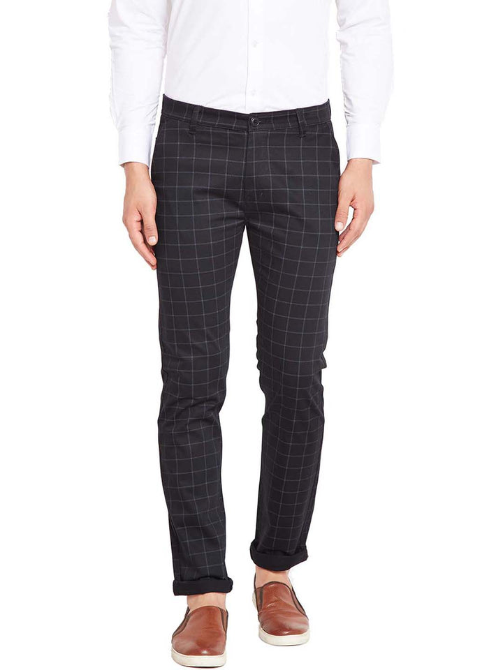 Men Black Self Design Checks Stretchable Mid Rise Slim Fit Chinos Trouser