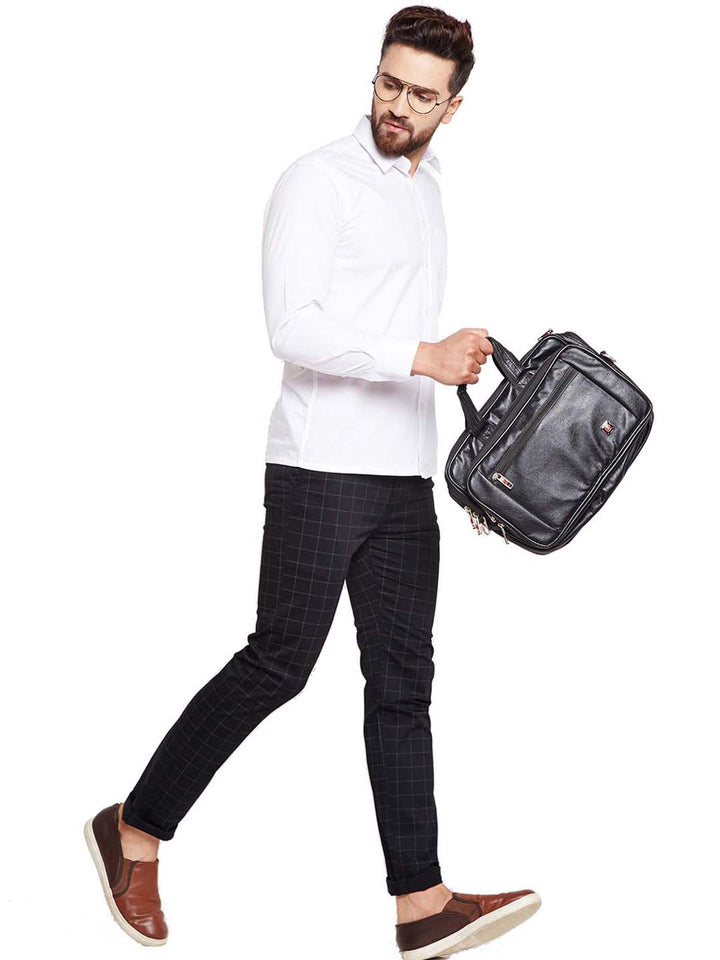 Men Black Self Design Checks Stretchable Mid Rise Slim Fit Chinos Trouser