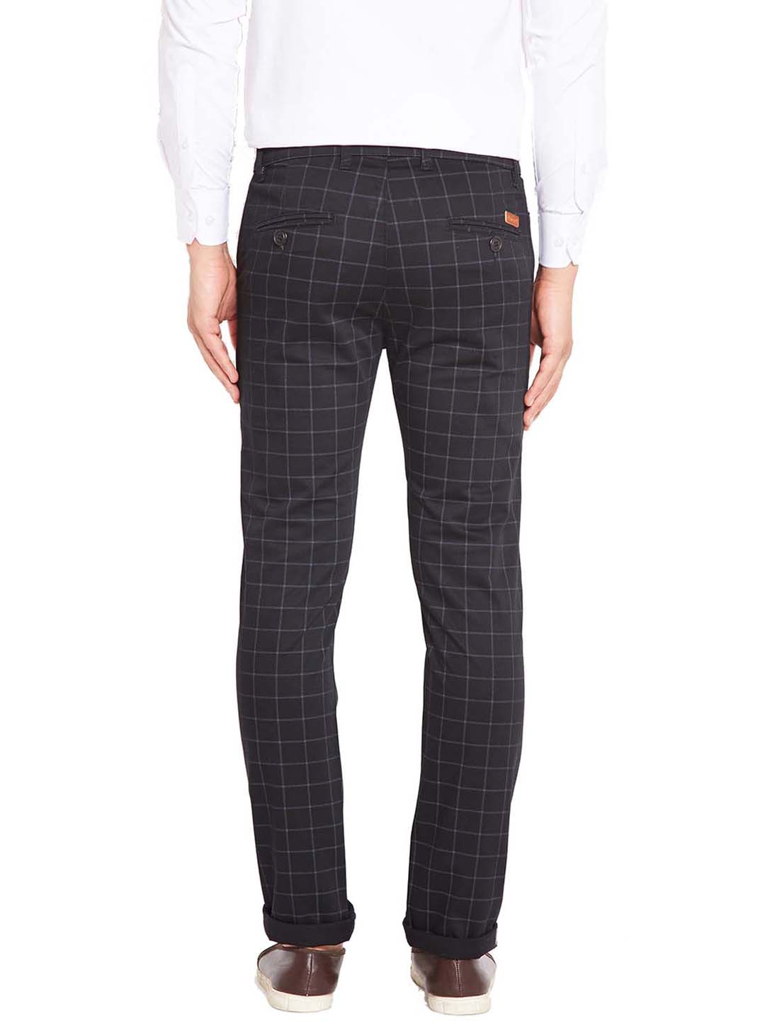 Men Black Self Design Checks Stretchable Mid Rise Slim Fit Chinos Trouser