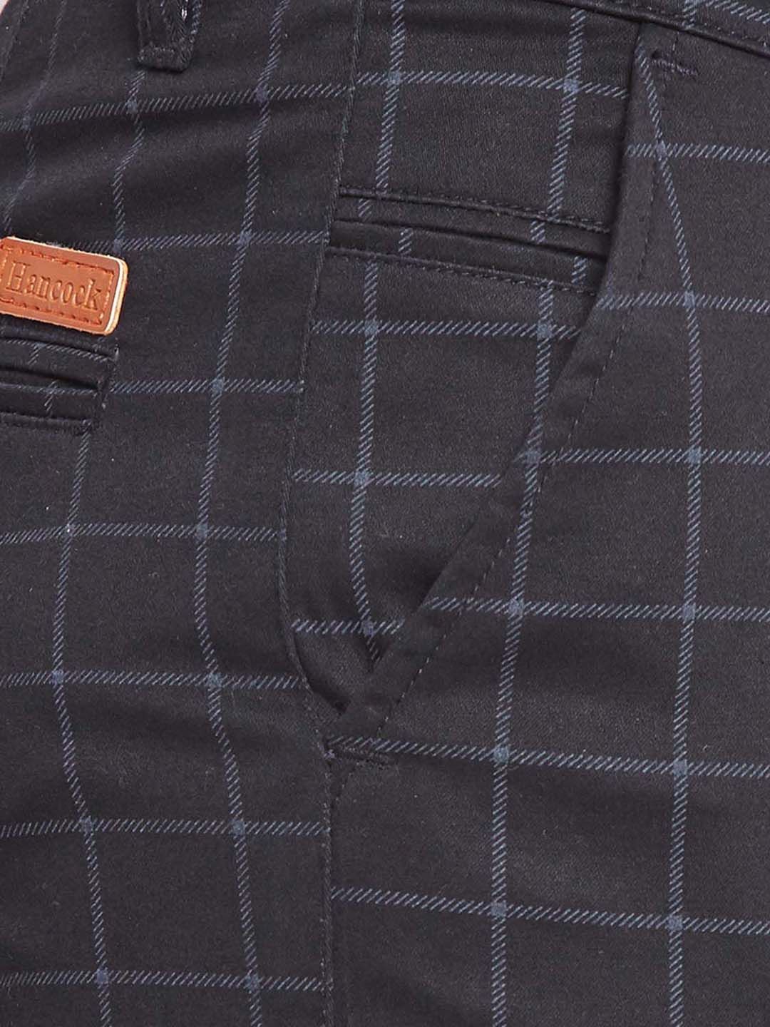 Men Black Self Design Checks Stretchable Mid Rise Slim Fit Chinos Trouser
